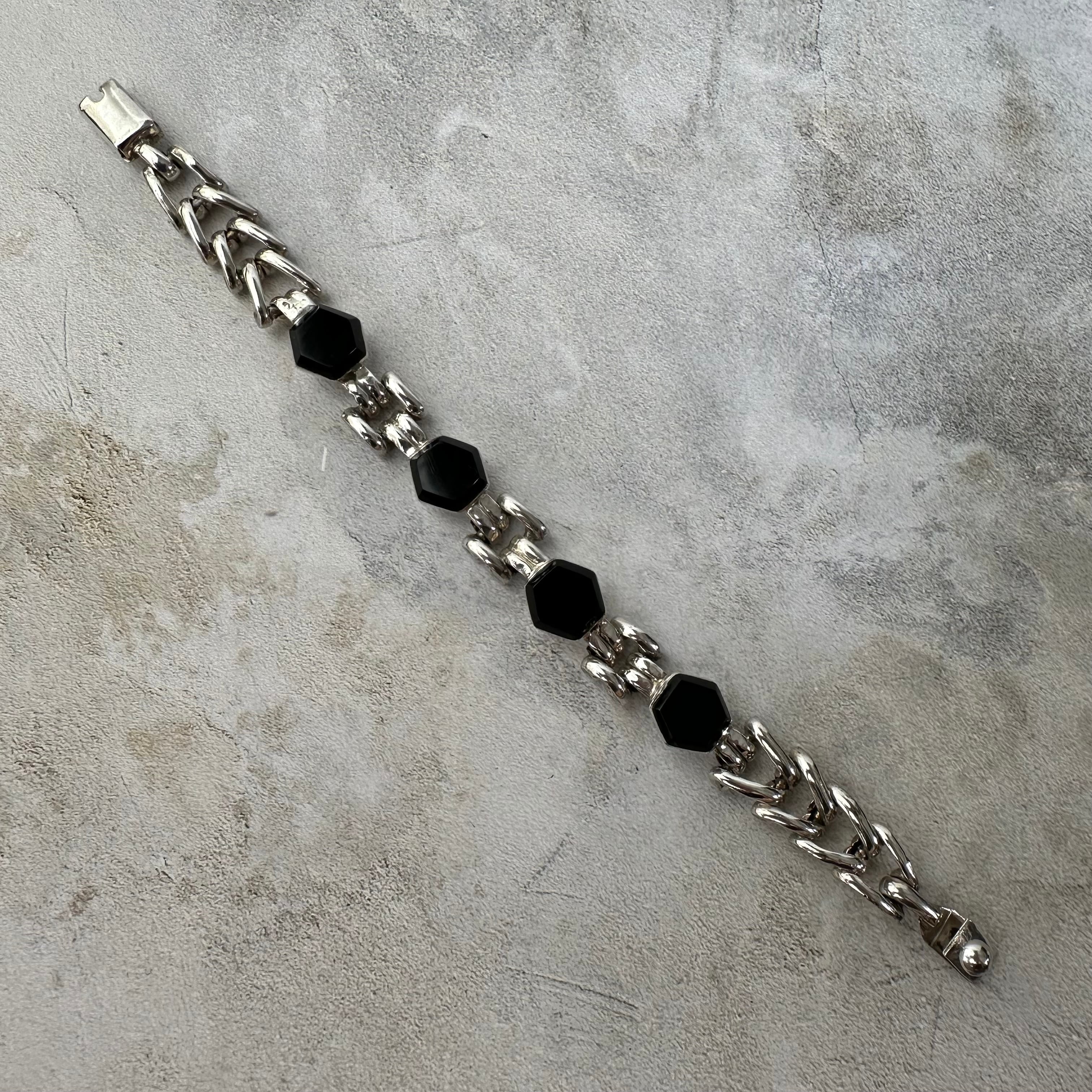 Vintage Black Onyx Link Bracelet Silver950 Made in Mexico