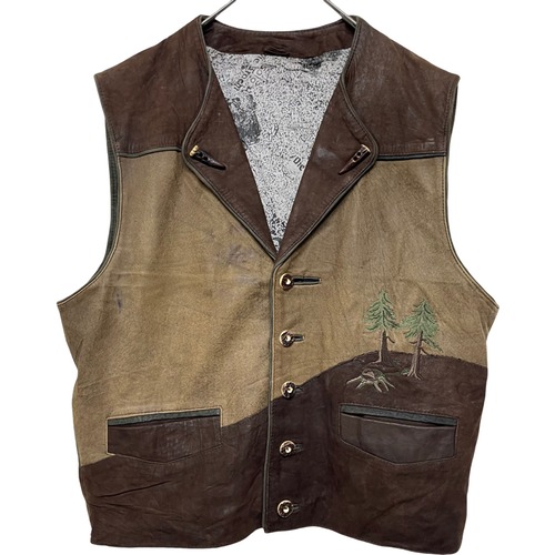 『美品 VINTAGE Solo Die Tracht Real leather woodcutter embroidery fake wood button big silhouette over size Tyrol Tyrolean Vest』USED 古着 ヴィンテージ リアル レザー 本革 木こり 刺繍 フェイク ウッド ボタン ビッグ シルエット オーバー サイズ チロル チロリアン ベスト