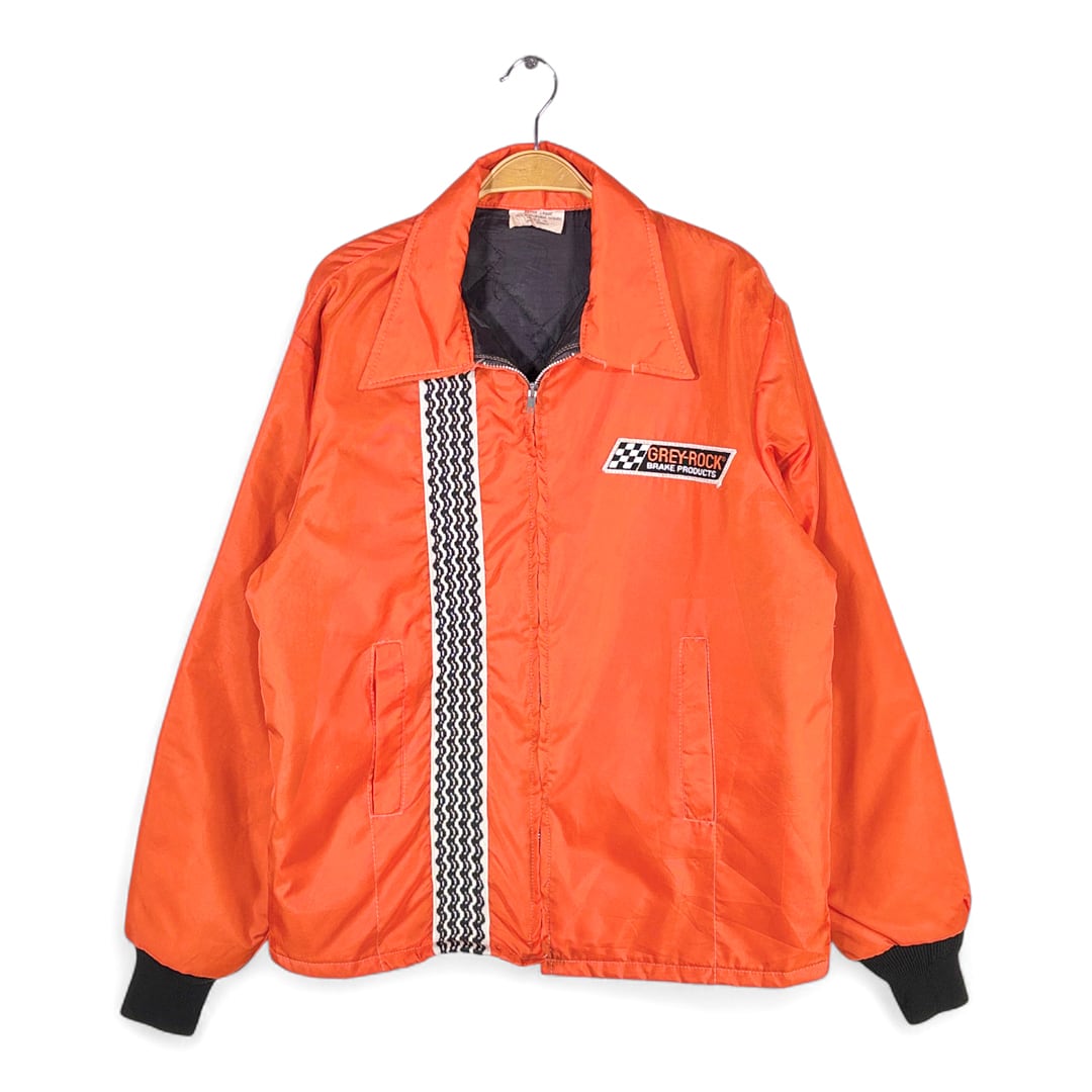 70s RTM ヴィンテージレーシングジャケット ナイロンJKT オレンジ バックプリント ワッペン タロンジップ サイズXL 古着 @DZ0730