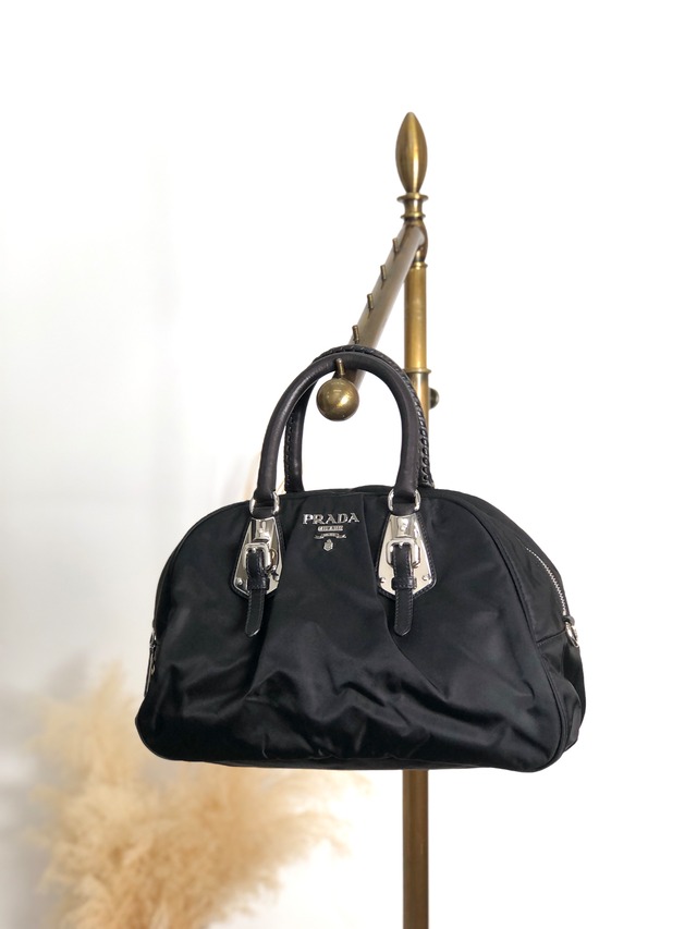 PRADA プラダ ハンドバッグ ブラック シルバー ロゴ ナイロン ボストンバッグ vintage ヴィンテージ オールド jipcs2