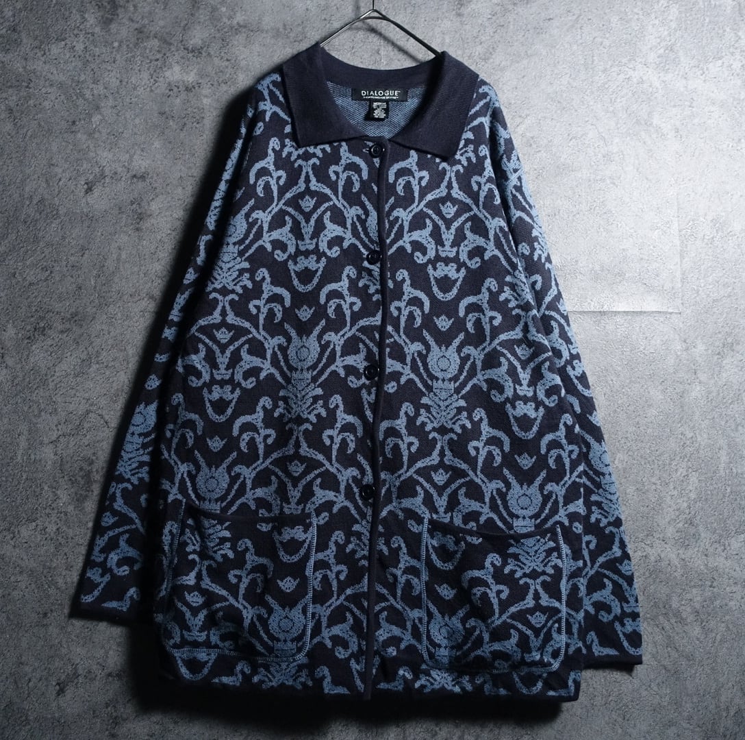 Blue Damask Pattern Design Knit Jacket