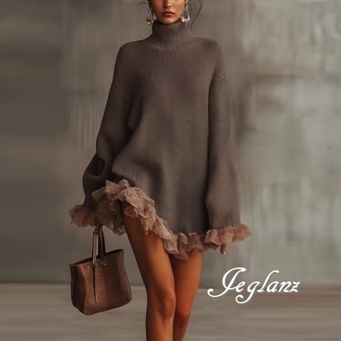 ニット セーター チュニック ワンピース タートルネック 裾レース (MB582)★ δ