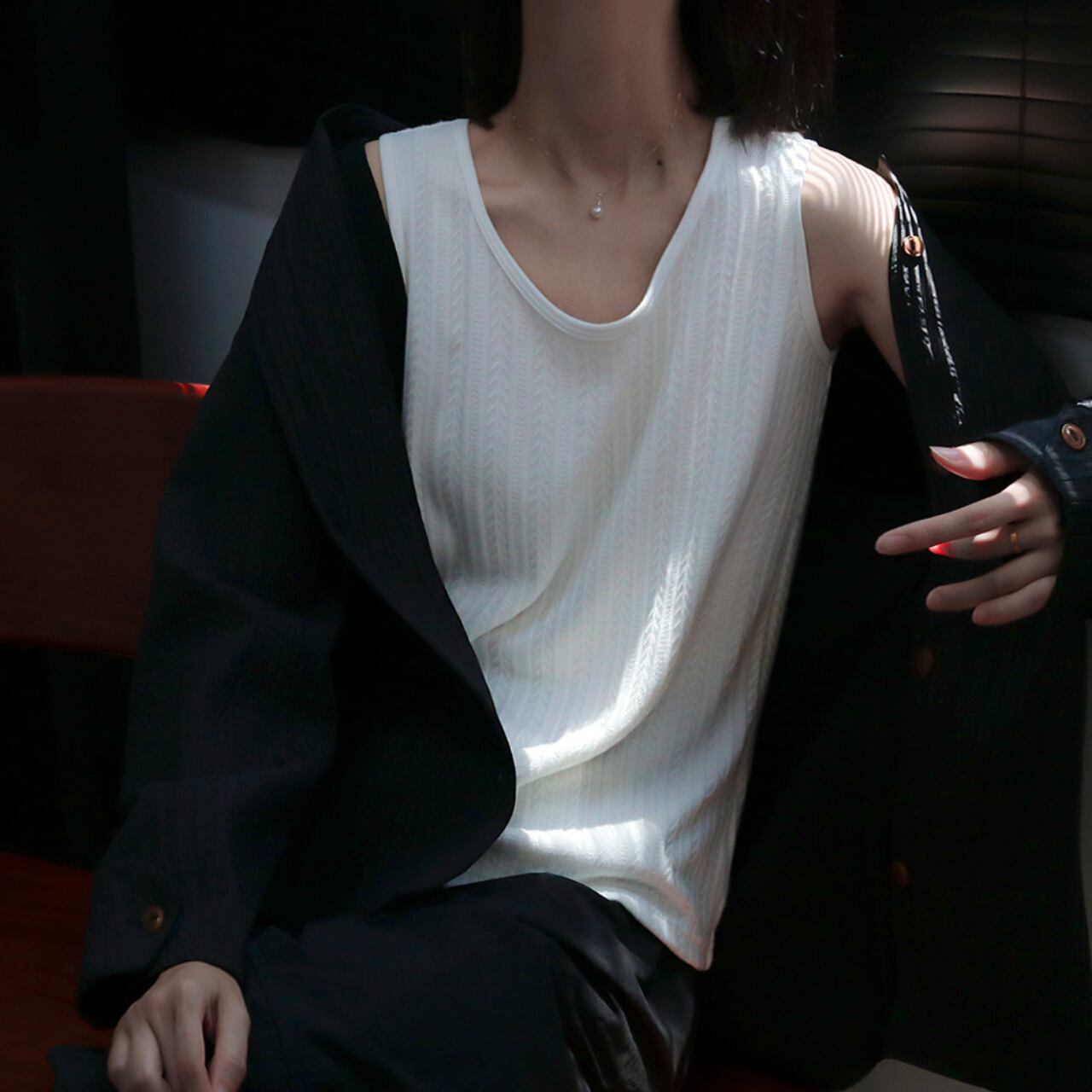 ミックスリブノースリーブトップス A01536