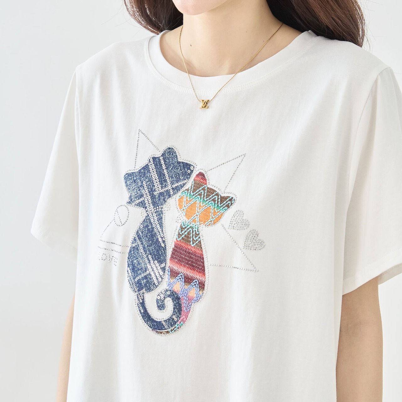 TRUBE ラインストーンデコ可愛いペアーの猫Tシャツ【L~LL】ホワイト