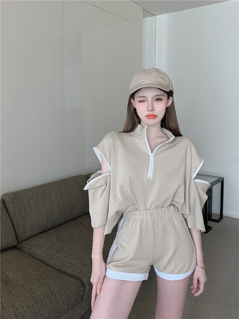 Tシャツ ジッパールーズショート薄手トップス サマースタイル 夏物 ブラックストロベリース87500690892