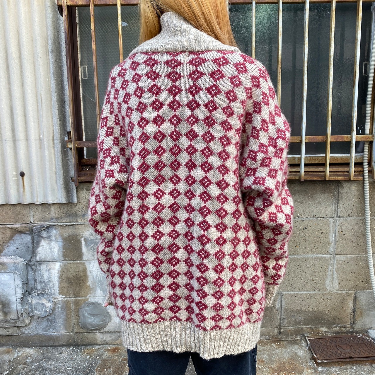 90年代 Eddie Bauer エディーバウアー 総柄 ウールニットカーディガン 