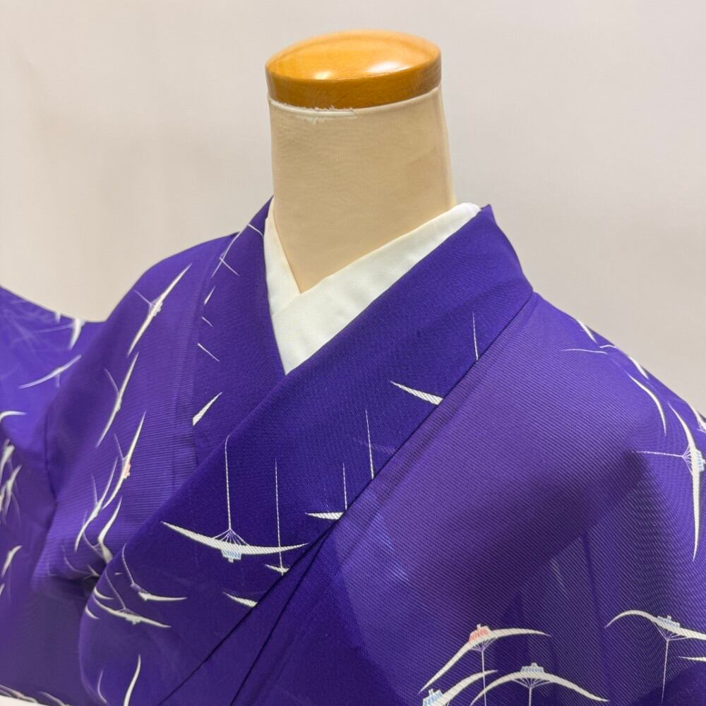 小紋 夏 絽 夏用 洗える着物 裄65.2cm 身丈161cm 花柄 お洒落着 普段着 ポリエステル 紫 美品 M サイズ 5972