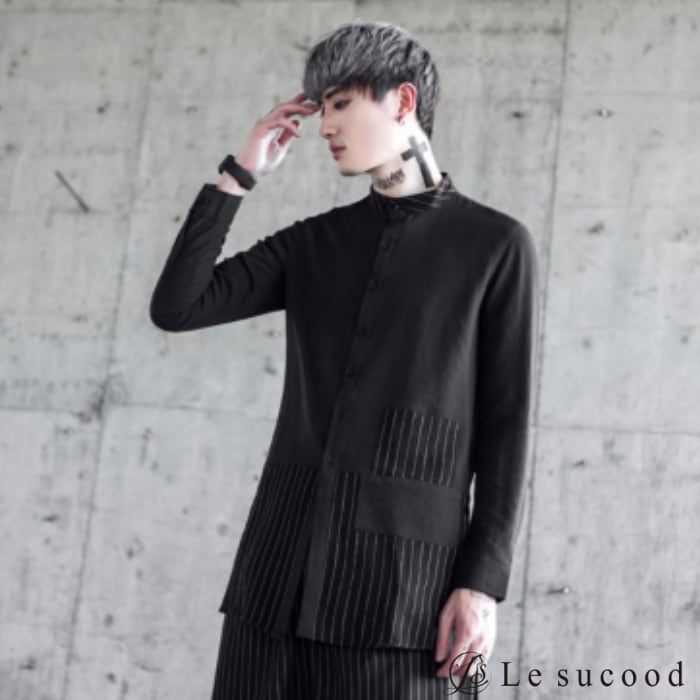 Le sucood】top084 変形ストライプ ノーカラーシャツ 黒 メンズ