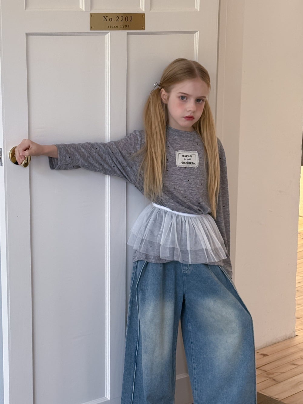 2colorフリンジタグドット薄手トップス