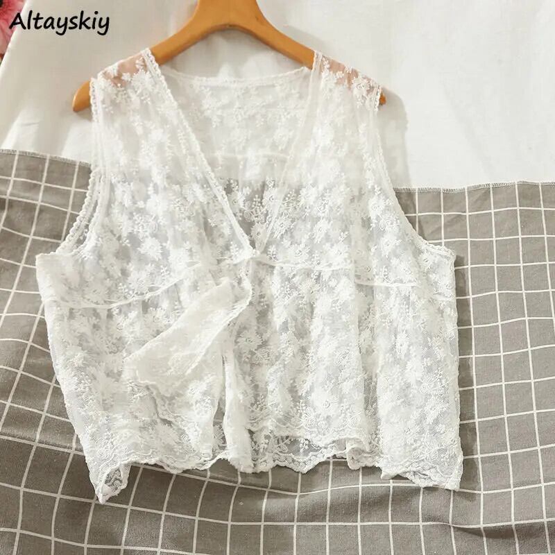 【新作】【送料無料】 甘いレースのベスト女性花刺繍ホワイトメッシュチョッキワンボタンノースリーブ V ネック日焼け止め生き抜くエレガントなレトロ 0368097762848