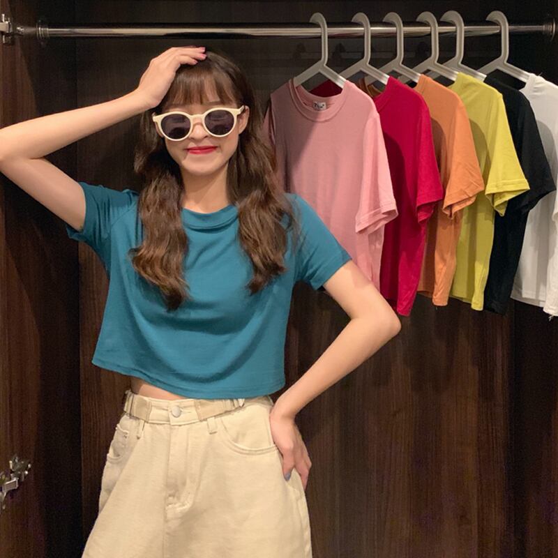 サマールーズソリッド カラーTシャツ シャツ ベーシックカジュアルトップス 夏物 ソリッドカラー 試着室82780466088