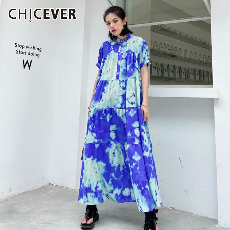 CHICEVERプリントヒットカラードレスレディーススタンドカラーパフ半袖ルーズミディサマードレス2020服 ショート ハーフスリーブ 夏物 6base589318125510