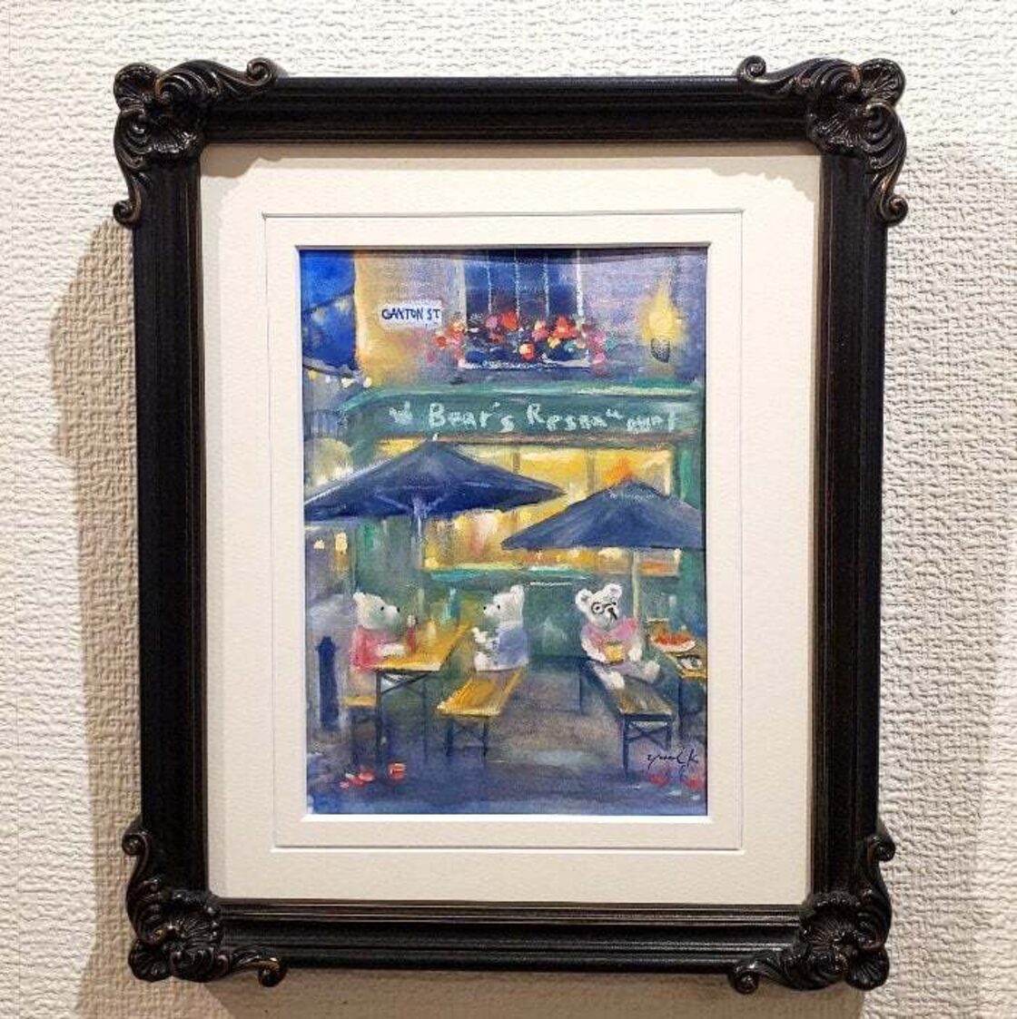 絵画 ｢クマ達のアフターファイブ｣ 18×13cm 水彩 パステル Yumi 
