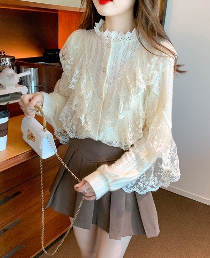 トップス シャツ ブラウス 長袖 レース シフォン 透け感 大人 上品