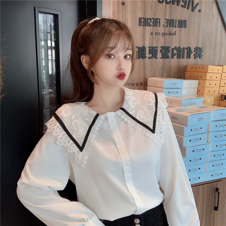 レースカラーリボンホワイト 白シャツ レディース ロング マキシロング