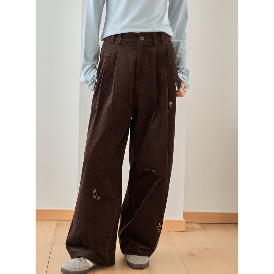 corduroy wide leg pants with embroidery