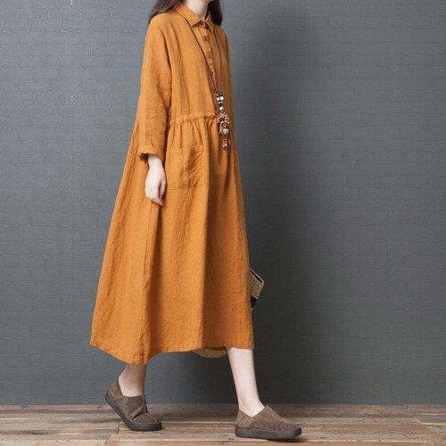 新しい春秋の女性服、韓国風のゆったりとした大きいサイズの痩身婦人服、ファッショナブルで快適なリネン無地のミドル丈シャツスカート