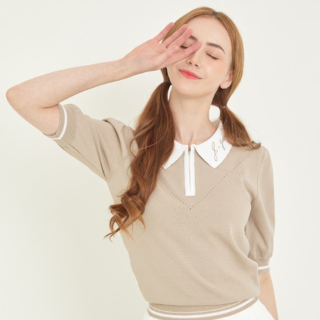 Puff sleeve half zip short sleeve knit (Beige)