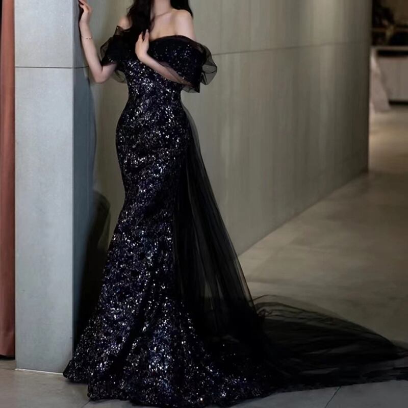 スパンコール&チュールロングテールドレス D0154