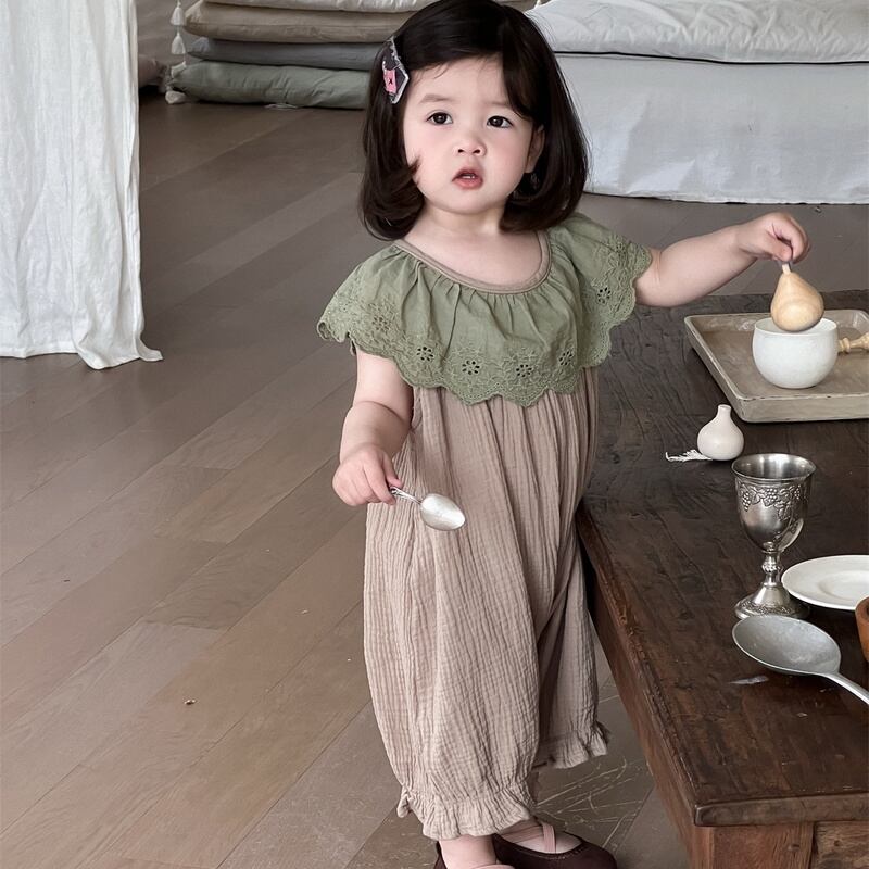 【BABY】グリーン襟ブラウンオールインワン