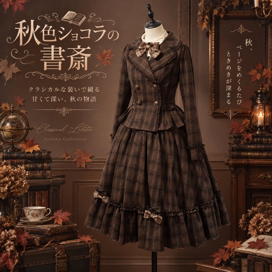 秋色ショコラの書斎 ブラウンチェックダブルボタンクラロリ系ジャケット