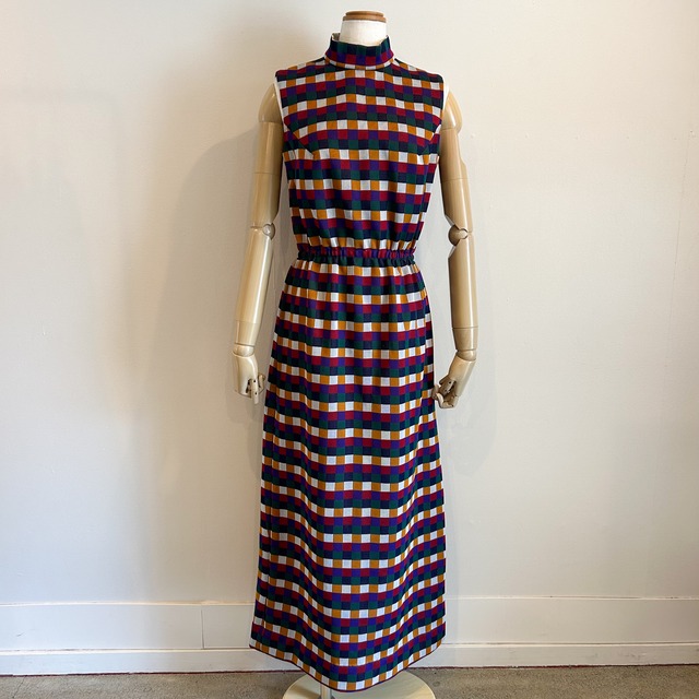 70’s ヴィンテージ カラフル ブロックチェック ワンピース