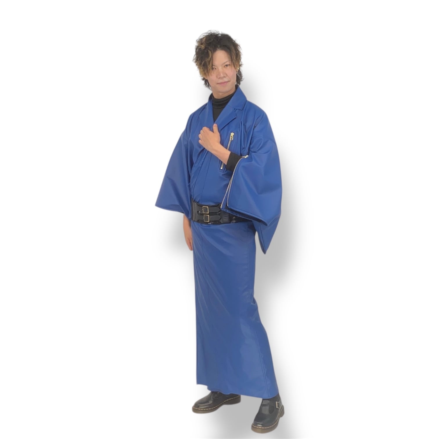 フェイクレザーライダース着物Neo KBlue メンズ | キモノグラース