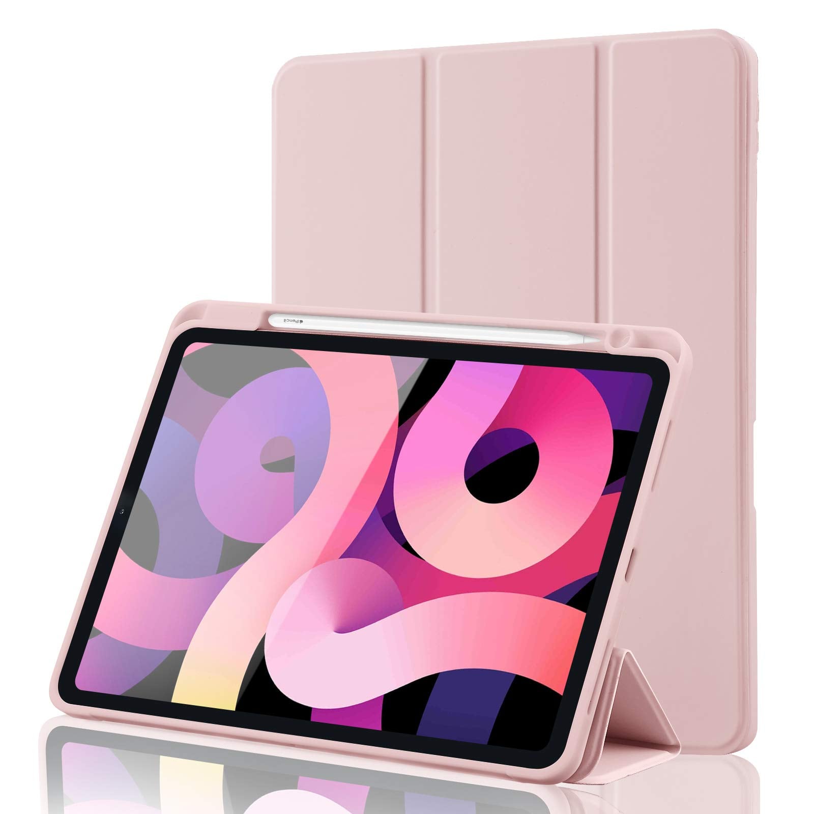 iPad Air 11 インチ ケース M4/M3/M2 2026/2025/2024 iPad Air 第5/4世代 カバー 2022/2020年 10.9インチ Pencil Proペン収納 Apple Pencil2 ワイヤレス充電対応 オートスリープ/ウェイク機能対応 ソフト TPU 薄型 軽量 耐衝撃 三つ折りスタンド (ピンク)
