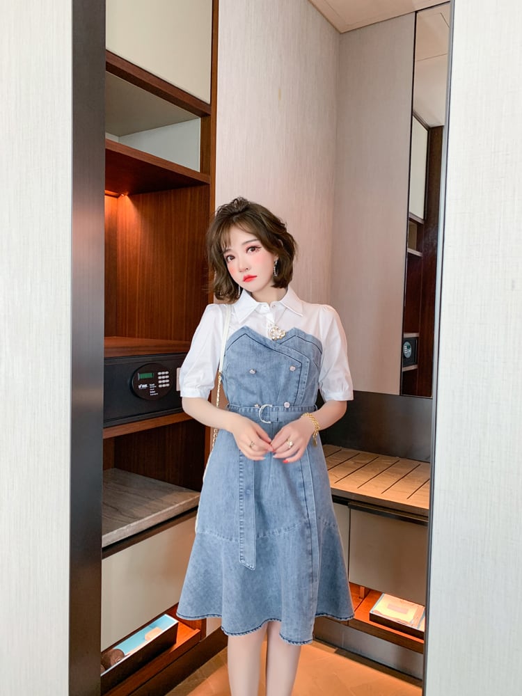 dress】定番シンプル POLOネックフリル切り替えデニムワンピース