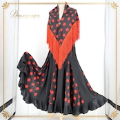 フラメンコ 衣装 ファルダ スカート ブラック系 シージョ ピキージョ 水玉 ドットフレコ フリンジ トライアングル 三角形 小物 おしゃれ 鮮やか ステージ コスチューム ダンス 発表会 かわいい レッド系
