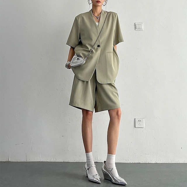 collarless short-sleeved jacket and half pants 10946