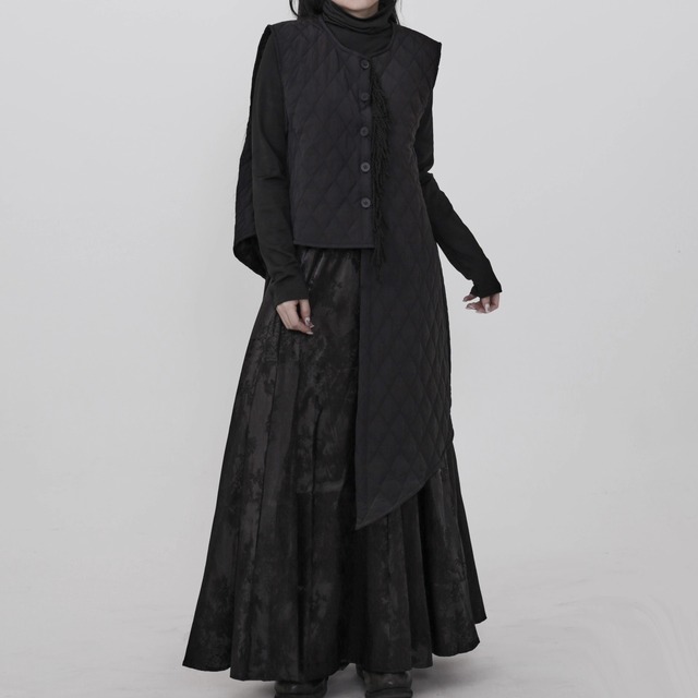 キルティング ロング丈 フリンジ付き ノースリーブアシンメトリージャケット 1color JK0323