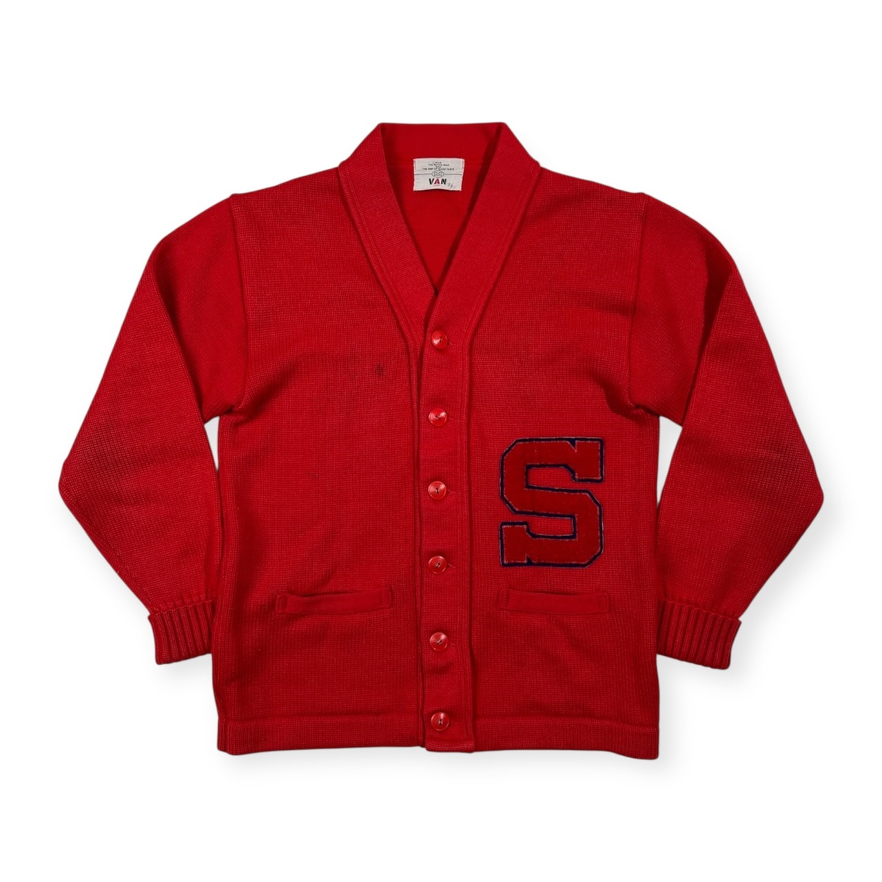 70s 80s 当時物 VAN JAC ヴァンヂャケット レタード ワッペン ニット カーディガン サイズ M /赤/レッド/ビンテージ/男女でも
