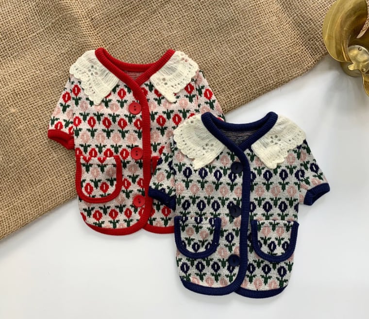 【SALE】 lovely knit cardigan XS ~XL / 犬服 ニット カーディガン 花柄 トップス アウター 秋冬 新作 暖かい 長袖 ドッグウェア アウター お揃い 可愛い 犬の服 ワンコ服 猫 b7