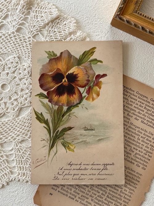 アンティークポストカード パンジー 船 海 フランス エンボス 額装 インテリア 撮影小物 未使用