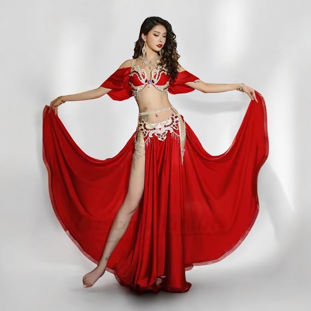 オリエンタル衣装 赤 ビジュー スリット ベリーダンス衣装 インナーパン サテン
