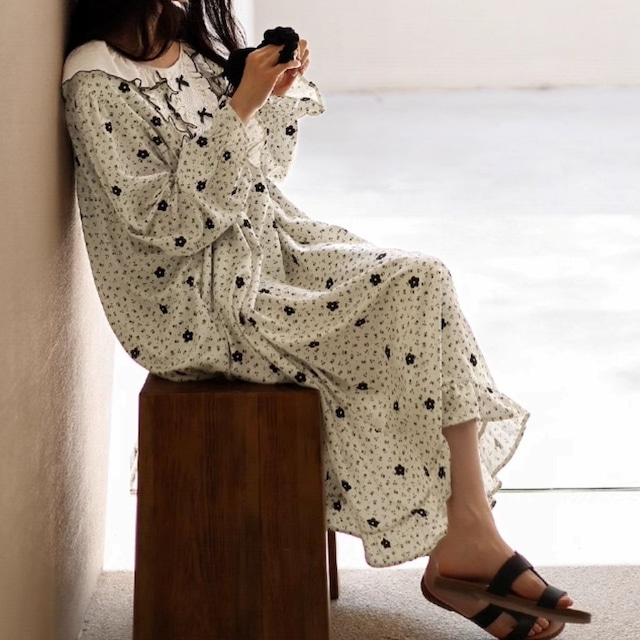 【M-XL】monotone flower pattern one-piece style room wear p1138