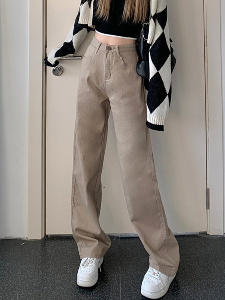 【新作】【送料無料】 カーキジーンズ女性のための春 2022 新しい韓国スタイルのレトロなル​​ーズワイドレッグパンツハイウエストドレープ床モップパンツ 0348486915686