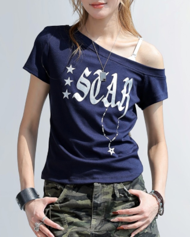 Star Graphic Off Shoulder T-Shirt［A0476］