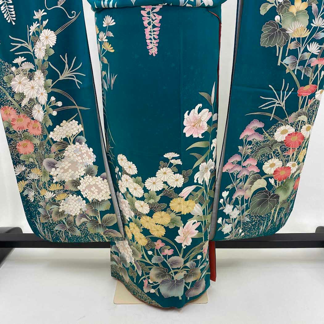 中古 振袖 正絹 美品 花柄 L サイズ 緑 グリーン 成人式 古典 裄丈67cm