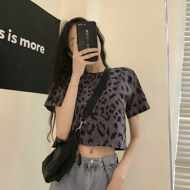 サマークロップドショートレッドレオパードプリント柄トップス Tシャツ レディース 夏物 1号婦人31172116990