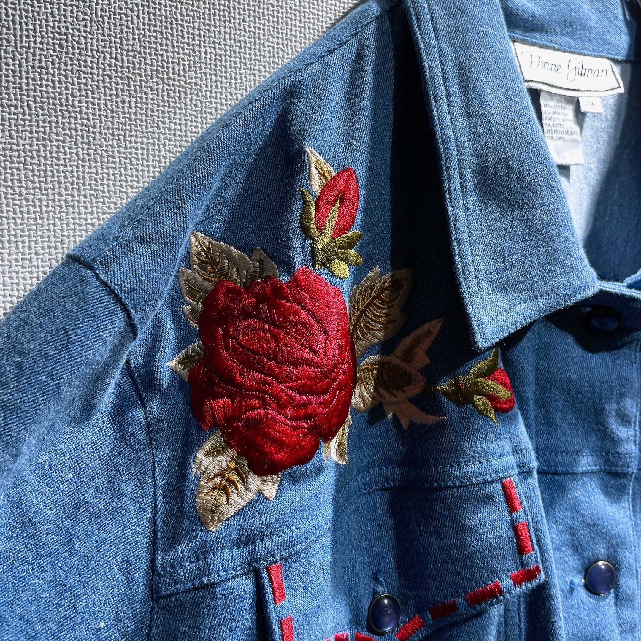 Beautiful Botanical flower embroidery vintage western denim shirt jacket
