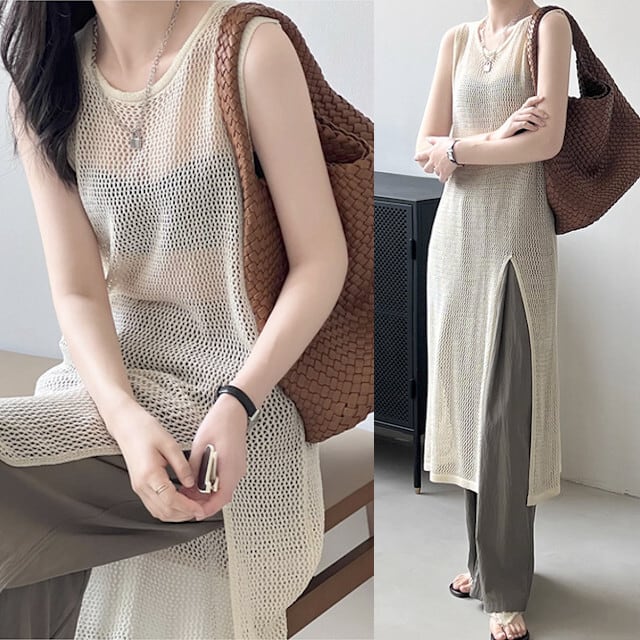 ワンピース レディース トレンド ミドルレングス 編み シースルー ノースリーブ レイヤード 重ね着 春夏 おしゃれ こなれ感 旅行 南国 リゾート お出かけ アイボリー/ブラウン/ブラック