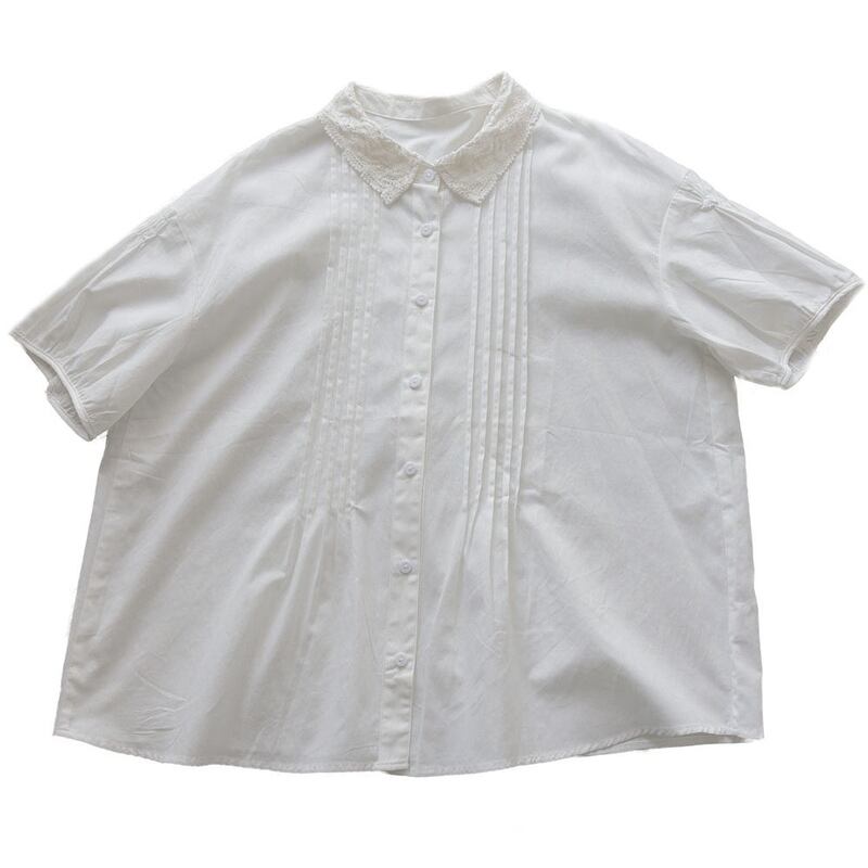 レース襟ピンタックドロップショルダーシャツ 2col 1171