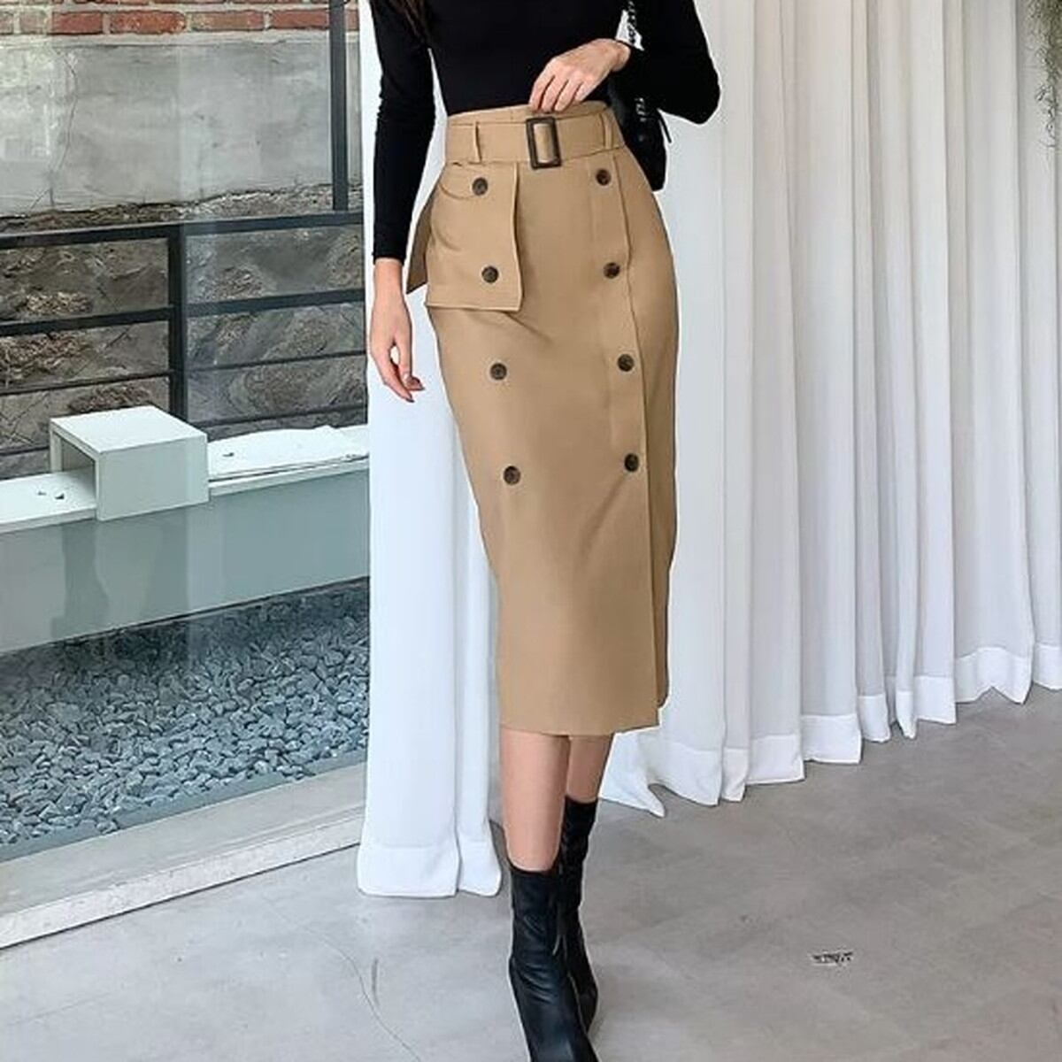 Double Button Belted Pencil Skirt V3576