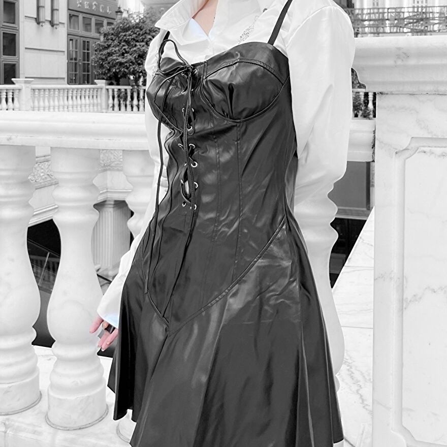 サブカル 服 地雷系 通販 Miub サブカル服 JSK フレアスカート ミニスカ レースアップ PUレザー 暗黒系 闇かわいいバンギャ