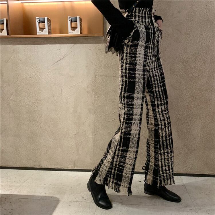 フリンジチェックワイドパンツ | sourian powered by BASE 新品♡チェックフリンジパンツ