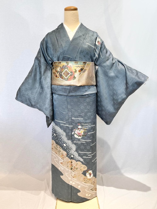 2119 絞りと刺繍訪問着 袷単品 Houmongi(lined kimono)