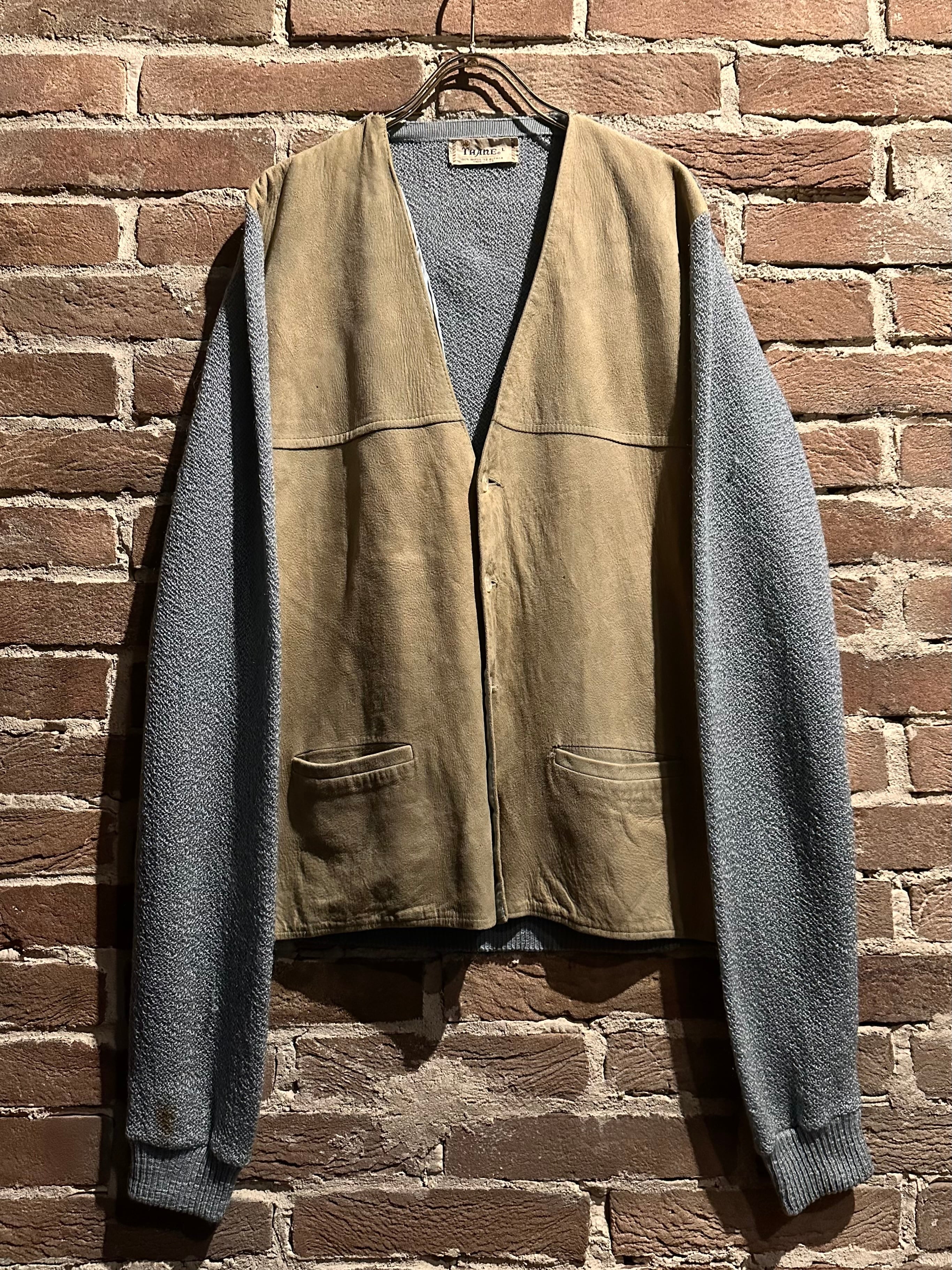 Caka act3】60's Nubuck Leather Swiching Vintage Knit Cardigan
