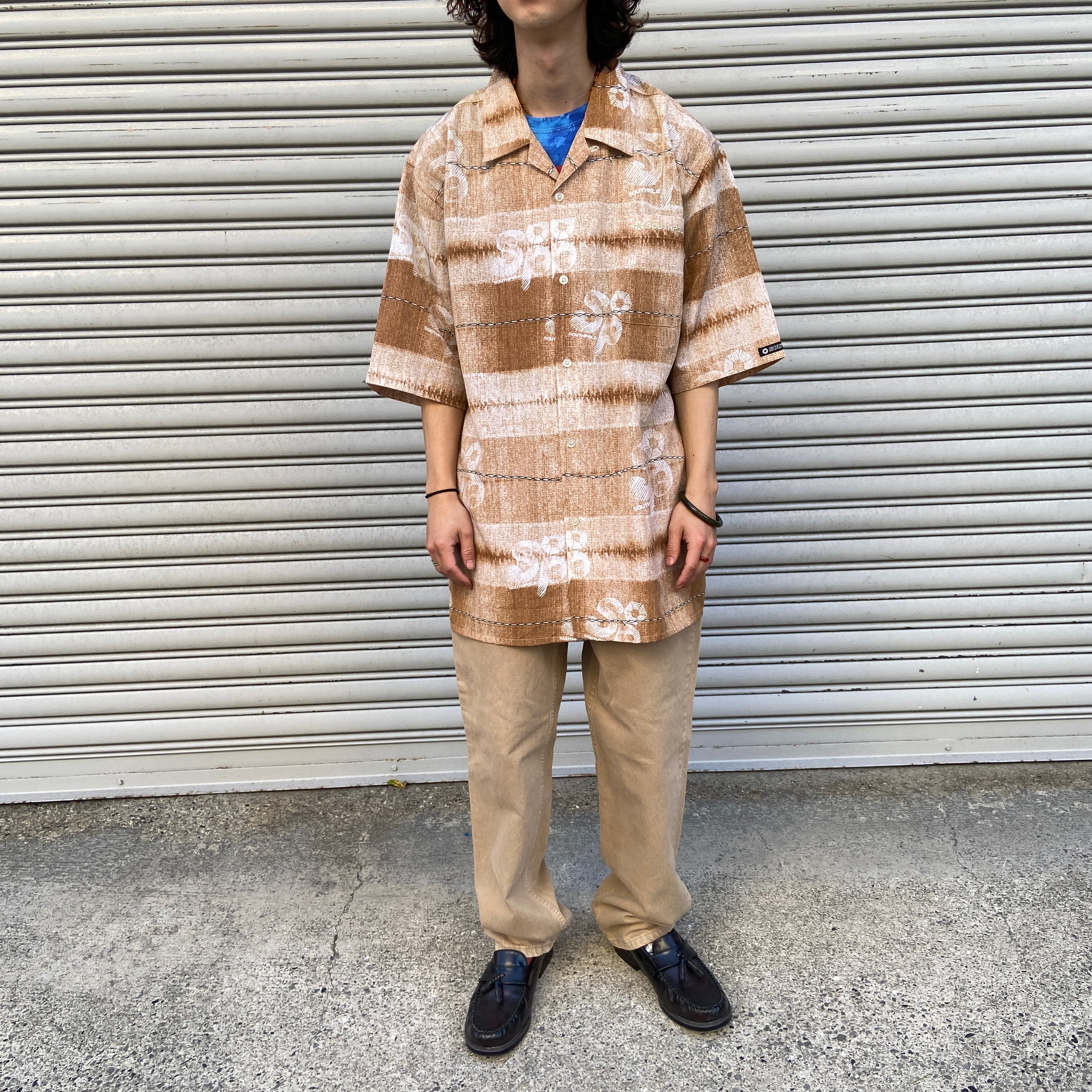 送料無料』90s southpoleサウスポール 総柄ポリシャツ L オープン
